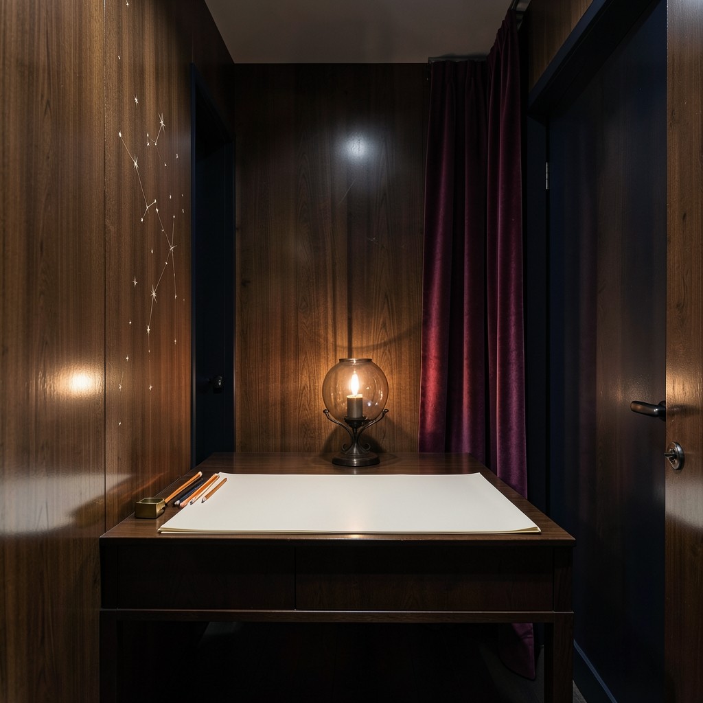 A narrow wood-panelled study with burgundy velvet, smoked glass, and a desk set for paper charts