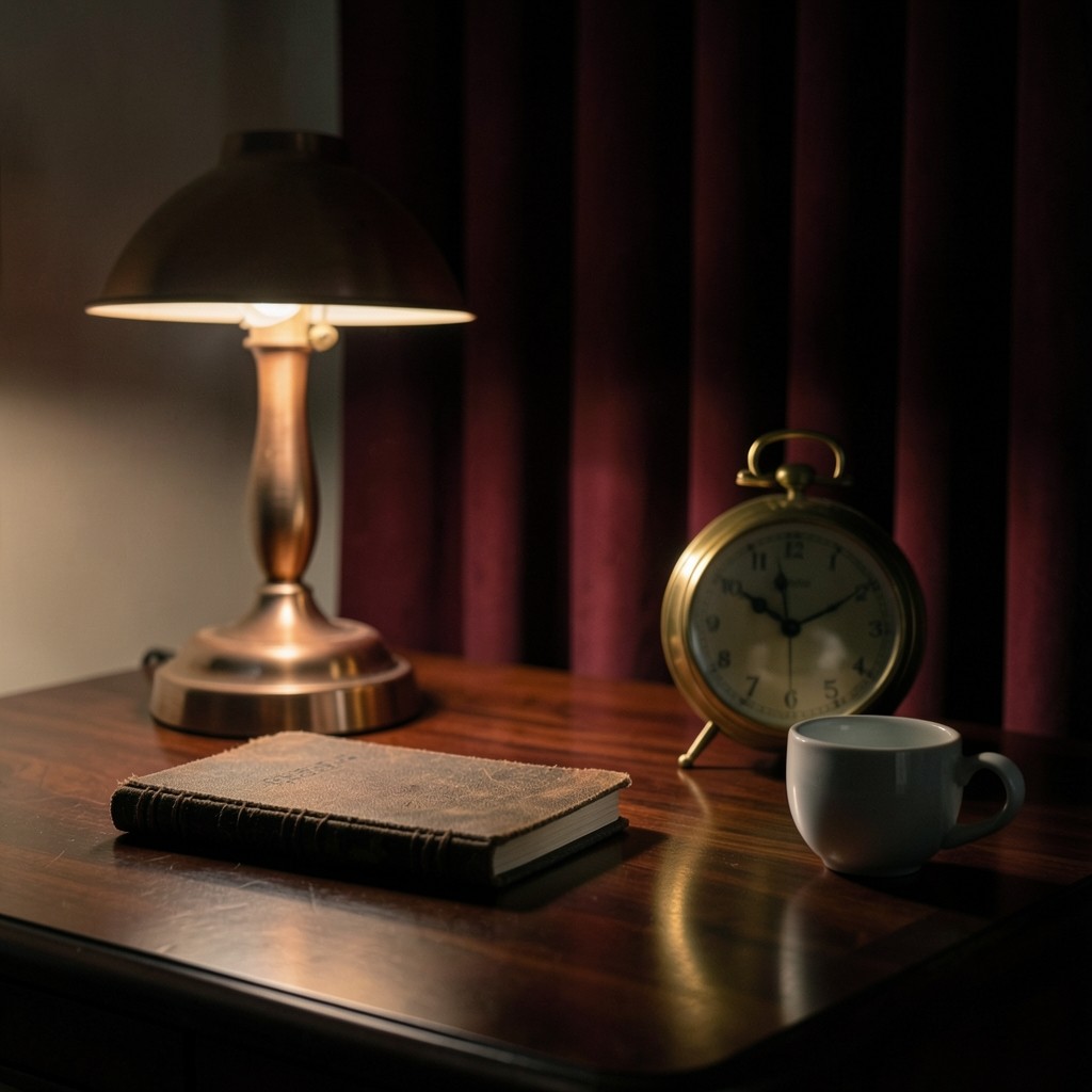 An evening desk after a session, with a cloth notebook, a stopped brass clock, and soft copper lamplight