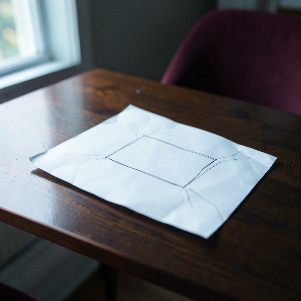 Morning light on a dark wood table with a single boxed area sketched on unlabelled chart paper