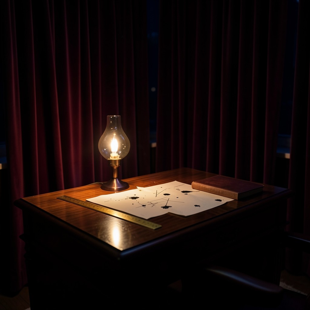 A dim walnut desk at night, burgundy velvet curtains, and unlabelled hand-drawn price lines under a copper lamp