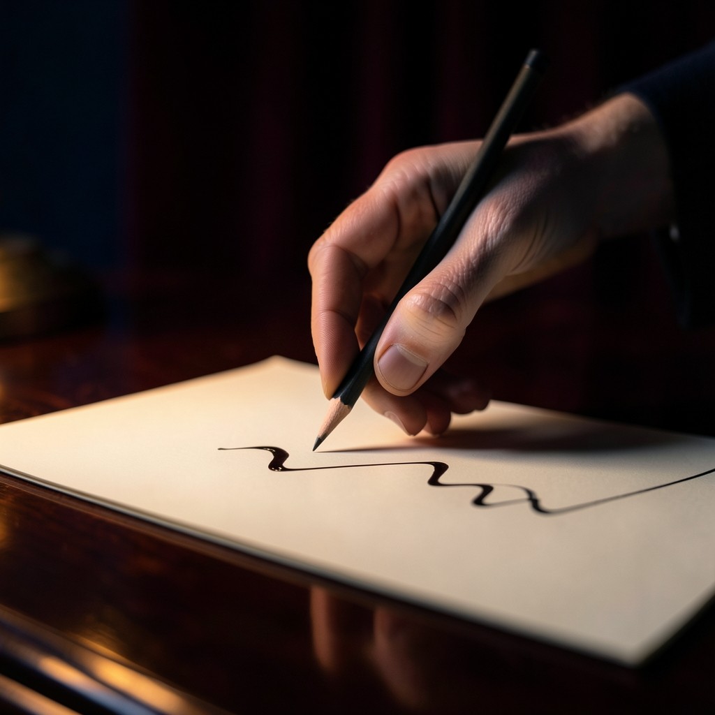 A hand holding a pencil above ivory paper marked with spare, unlabelled price lines