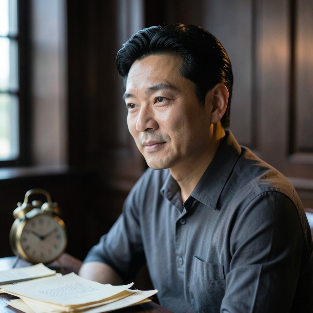 Portrait of a man in his late thirties at a morning table with printed charts and a brass clock
