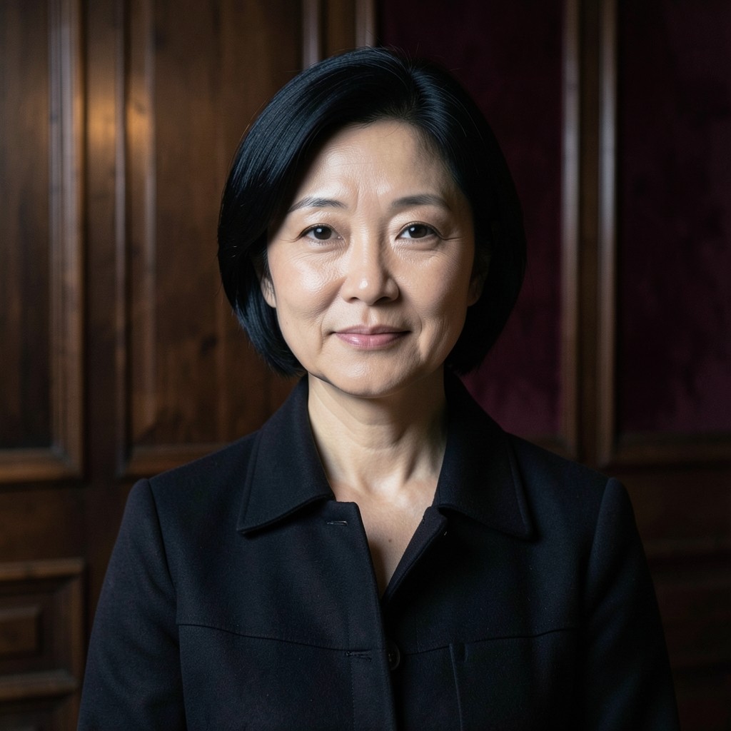 Portrait of a woman in her forties in a dark wool jacket, seated in warm copper light
