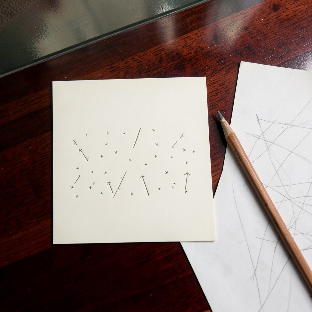 An ivory card of engraved tick marks beside a pencil and unlabelled chart paper on lacquered wood