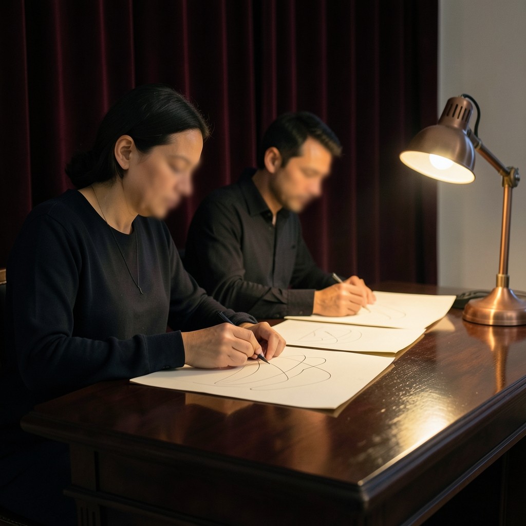 Two adults at a dark wood desk marking an unlabelled chart with pencils under warm copper light