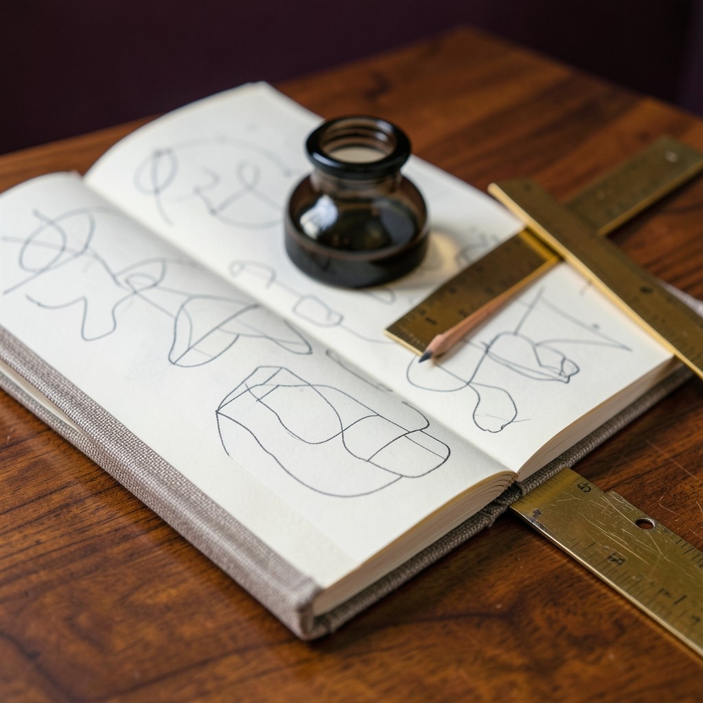 An open clothbound notebook of hand-drawn market lines beside a brass ruler on lacquered wood