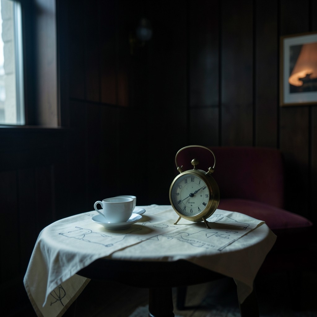 A small morning table set with printed charts, porcelain cups, and a brass clock in a dark wood room