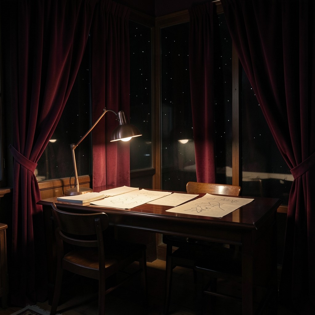 Evening studio desk with velvet curtains, a copper lamp, and unlabelled hand-drawn price lines on ivory paper