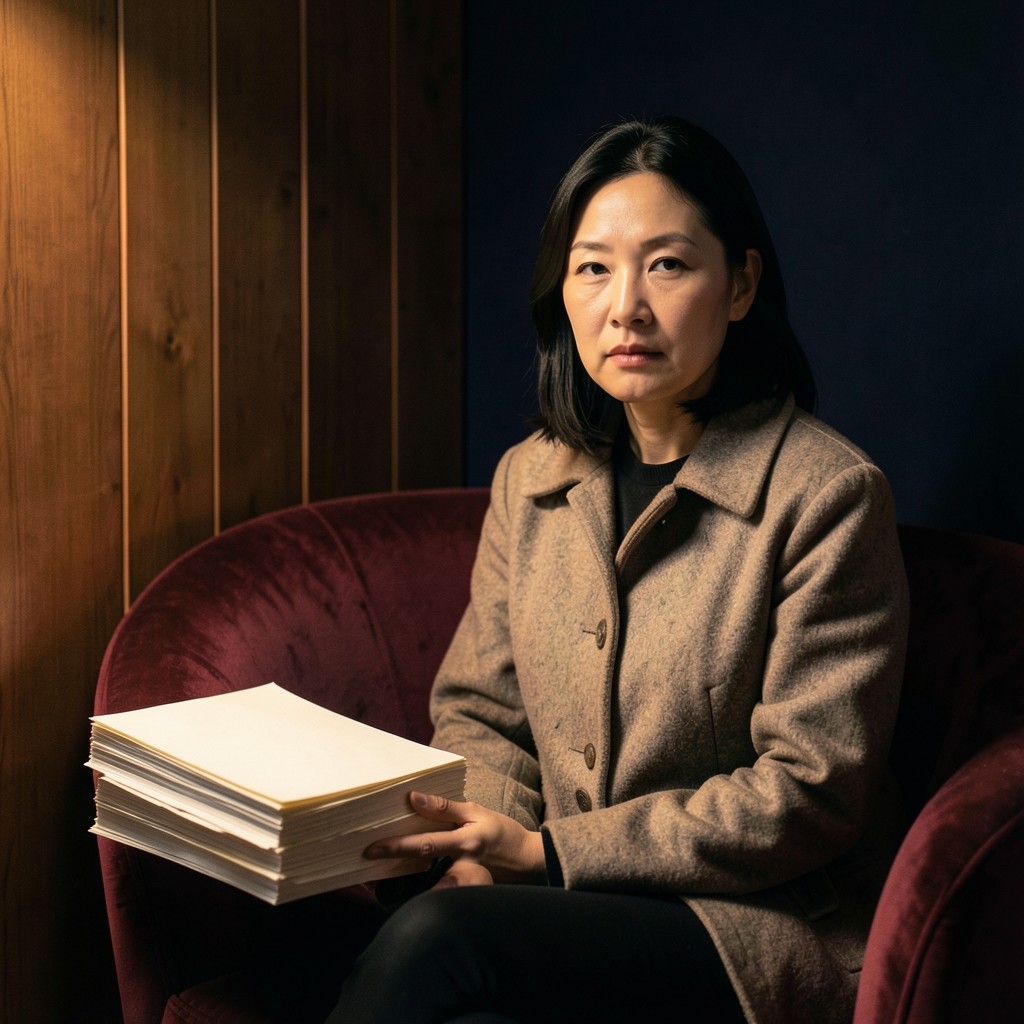 A woman in a wool jacket seated beside a stack of printed charts in a dim wood-panelled room